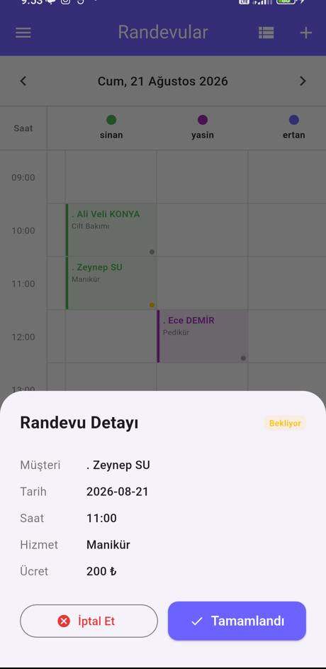Dolu ızgara ve randevu detayı
