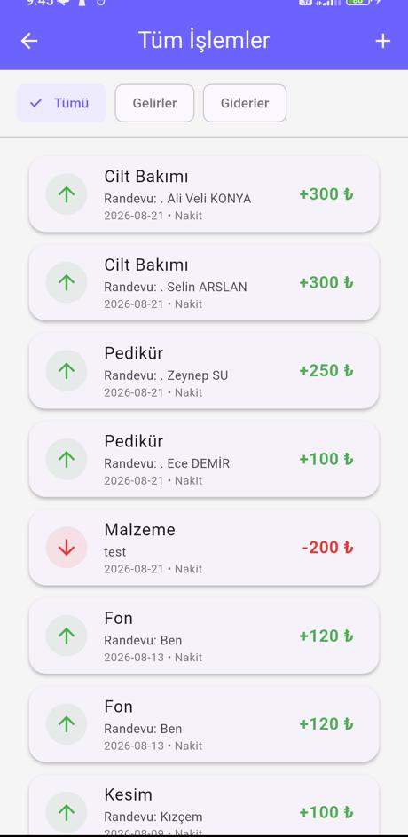 Tüm işlemler listesi