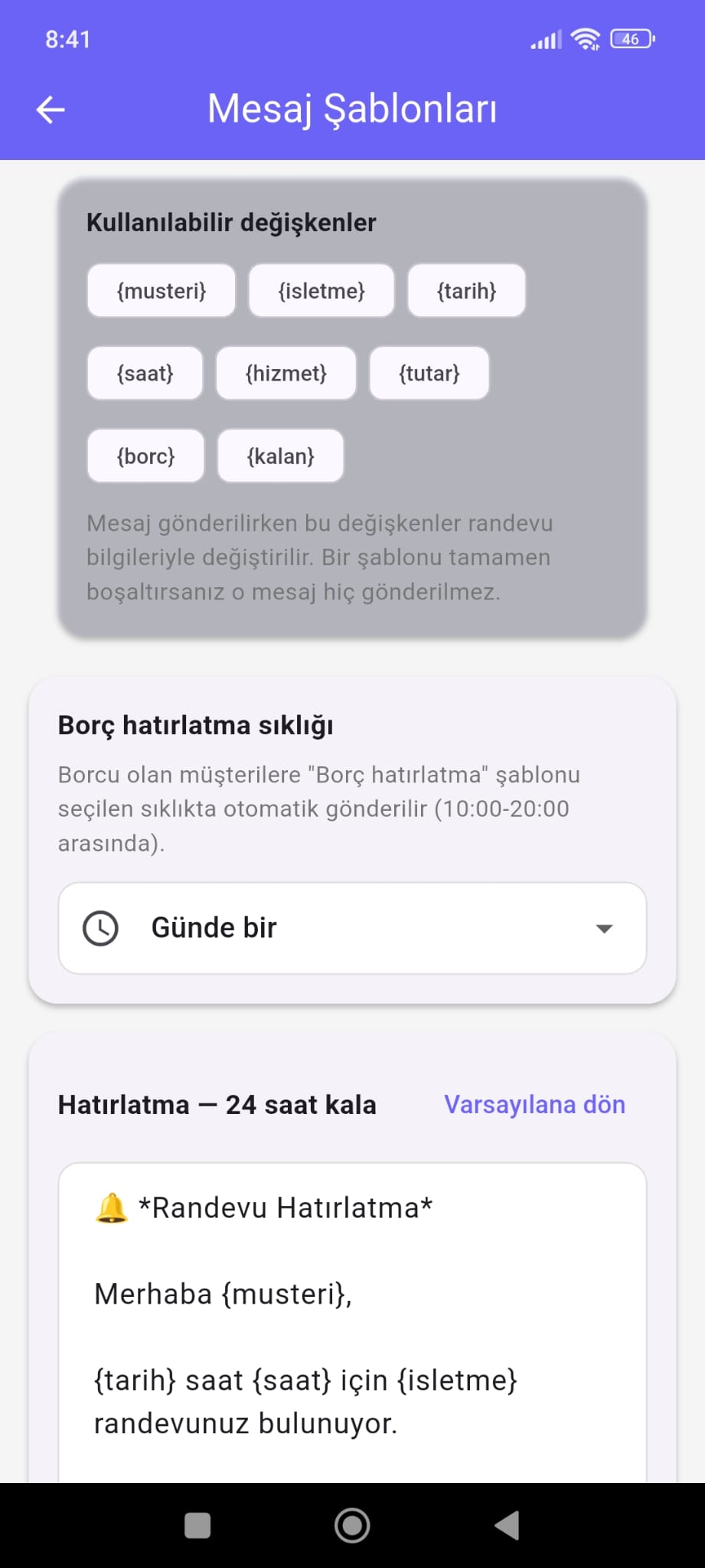 WhatsApp mesaj şablonu ekranı: otomatik hatırlatma, 24/5/1 saat kala mesaj ayarları